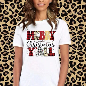 Merry Christmas Y'all Leopard Print Graphic White Oversized Cotton T Shirt Sz M
